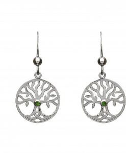 STERLING SILVER TREE OF LIFE EARRINGS WITH GREEN CENTRE STONE