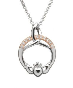 SILVER TRINITY CLADDAGH PENDANT WITH CZ SET IN ROSE GOLD